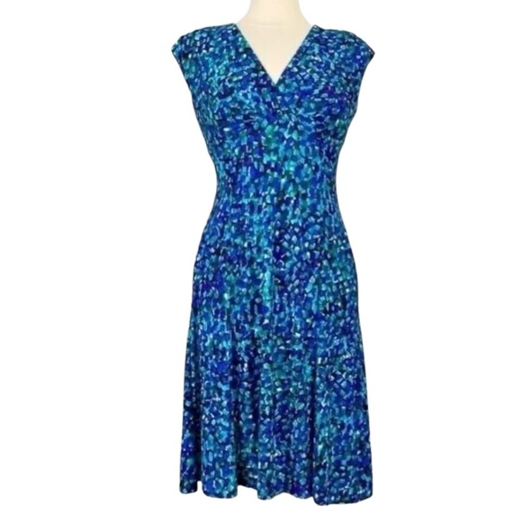 Ralph Lauren LRL Womens Blue Green Print Cap Sleeve Dress V Neck‎ size 4 - Picture 2 of 16